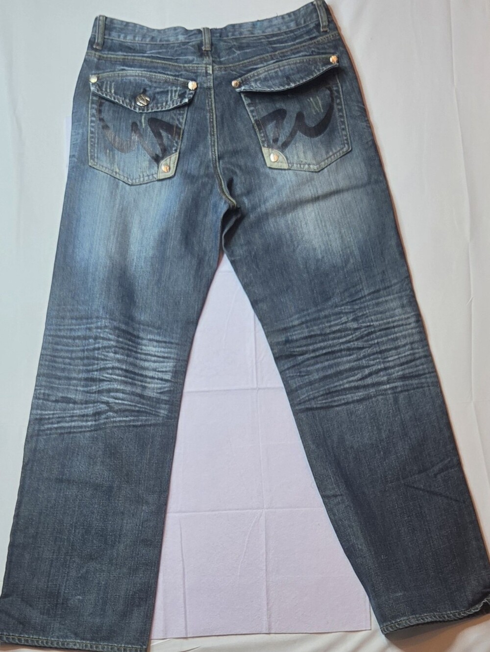 Washhouse Distressed Straight Leg Jeans 33x32 Black Pocket Script Detail